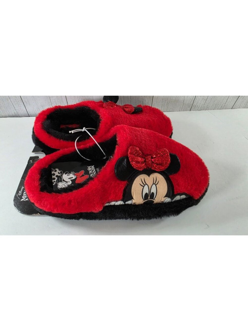 DISNEY MINNIE MOUSE SLIPPERS PLUSH RED BLACK SEQUIN BOW HOUSE SHOES M 7 8 COZY